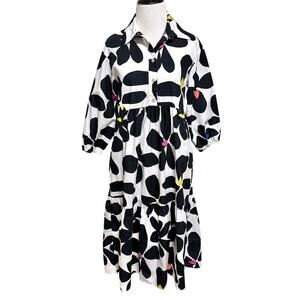 Maeve Anthropologie Bettina Tiered Shirt Dress XSP Black White Floral Mod Artsy
